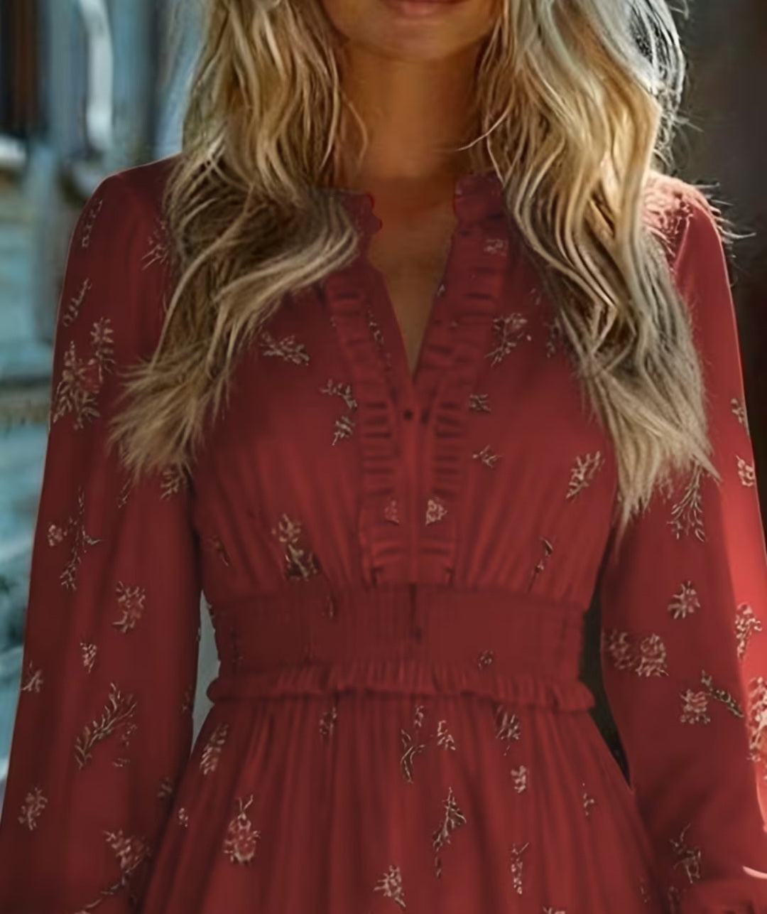 Women's Long Sleeve V Neck Floral Print Hem Dress
