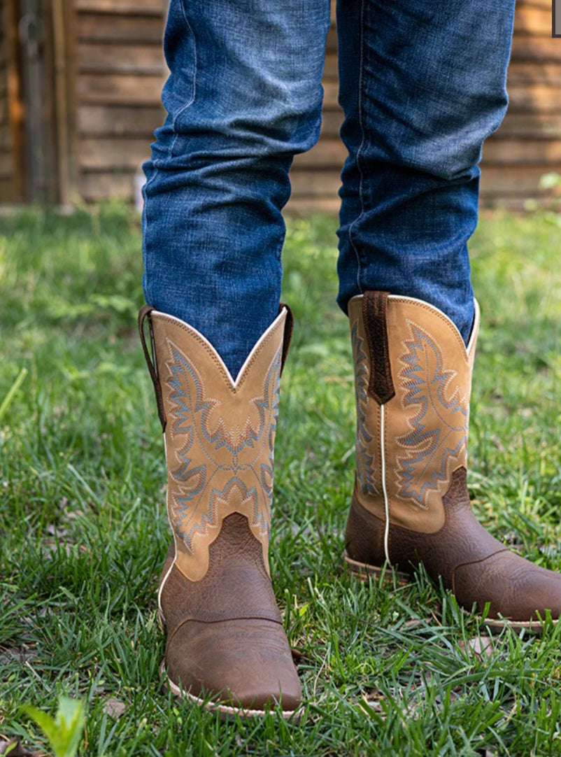 Western Men's Embroidered Wide Toe Cowboy Full Grain Leather Boots