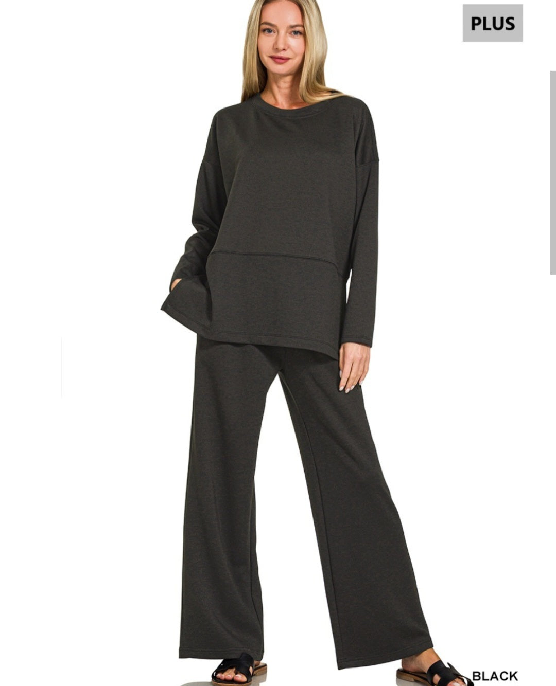 Zenana Plus Size Scuba Side Slit Top and Pants Set