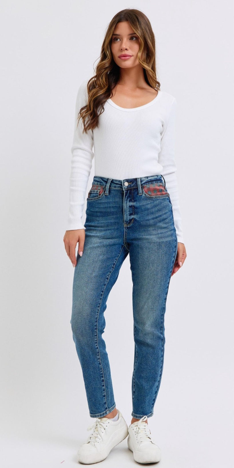 Judy Blue Plaid Patch Slim