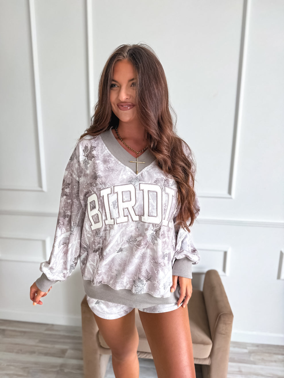 BIRDIE PREORDER V Neck Oversized Sweatshirt in Ashwood Camo