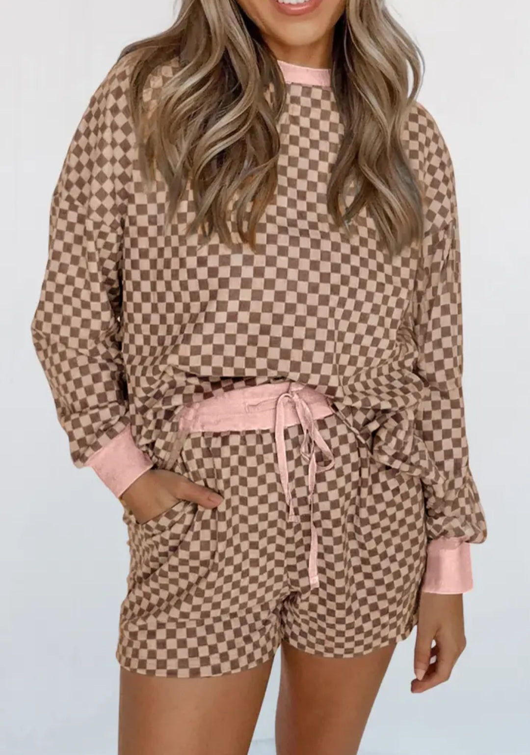 Checkered Long Sleeve Pullover & Shorts Set