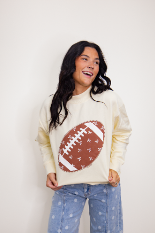 Grace and Emma Football on Mock Neck Sweatshirt- Ivory
