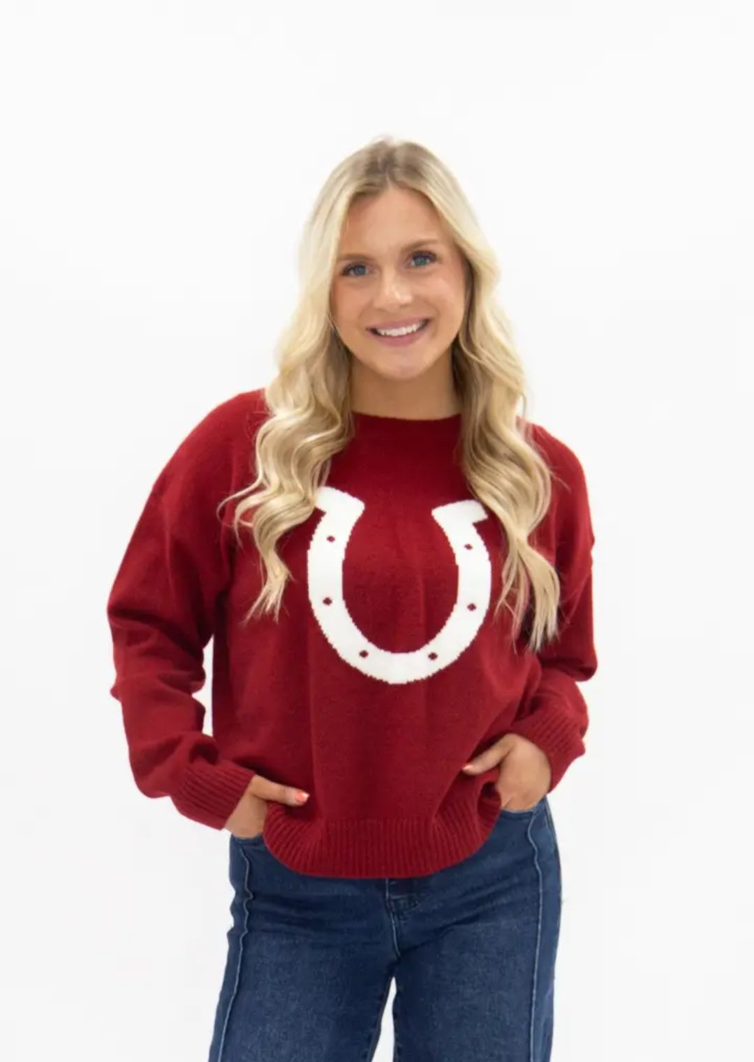 Grace + Emma Horse Shoe on Red Sweater