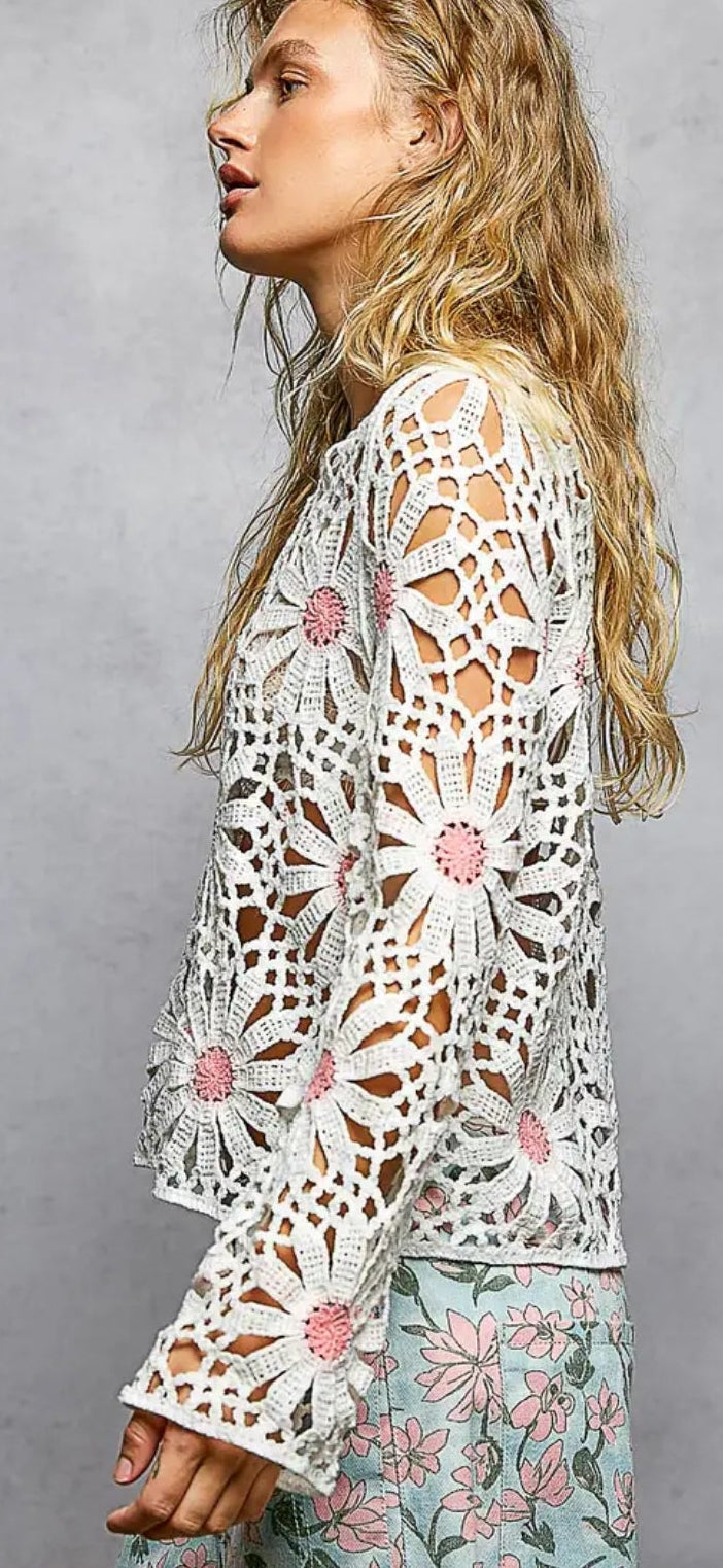 POL Floral Weave Round Neck Long Sleeve Crochet Top