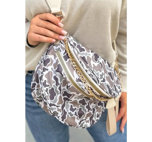 Camo/ Polka Dot Print Gold Chain Strap Zipper Crossbody Bag