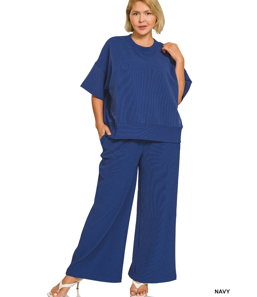 Zenana Plus ribbed round neck tee & pants set