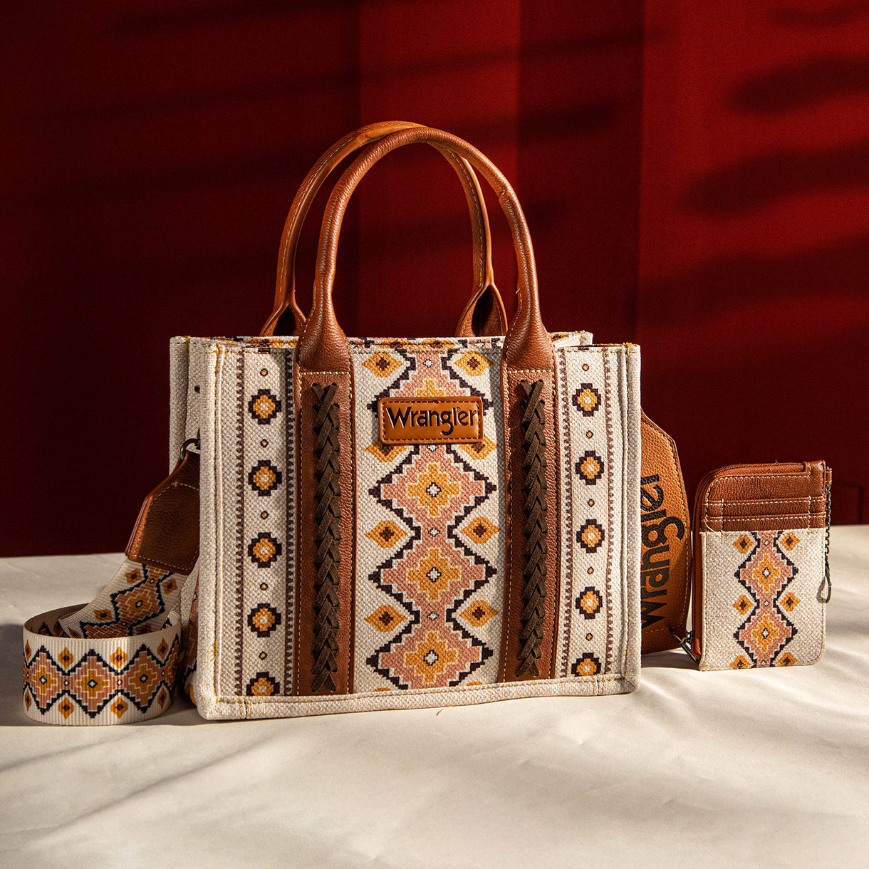 Wrangler Aztec Small Tote/Crossbody and Card Case Set 2Pc - Coffee