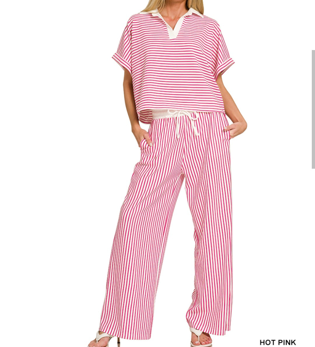 Zenana Striped split neck collared top & pants set