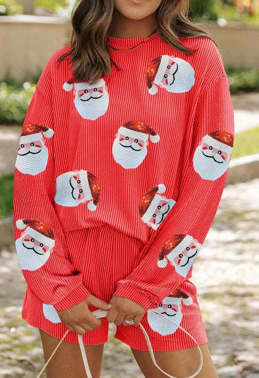 Sequin Christmas Pattern Pullover and Shorts Set