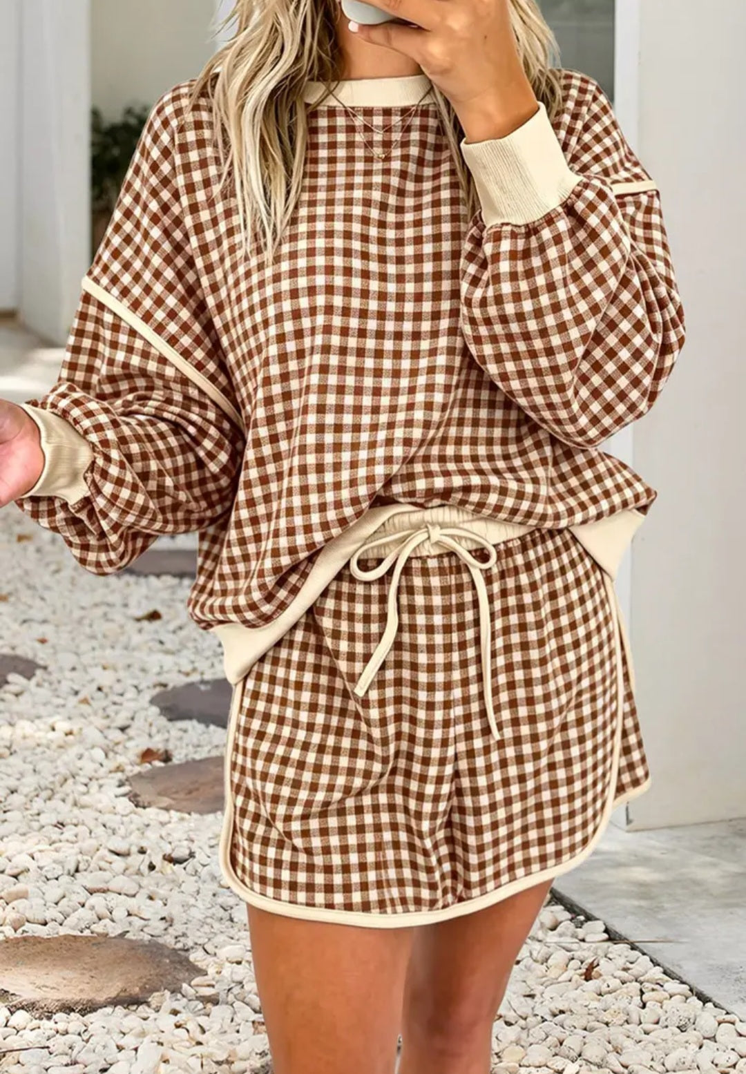 Gingham Oversized Contrast Trim Crew Neck Top and Skirt Set