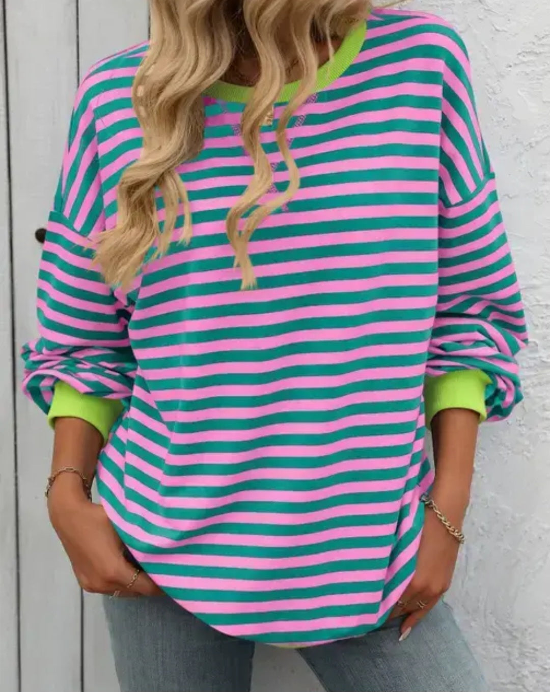 Color Striped Crew Neck Loose Fit