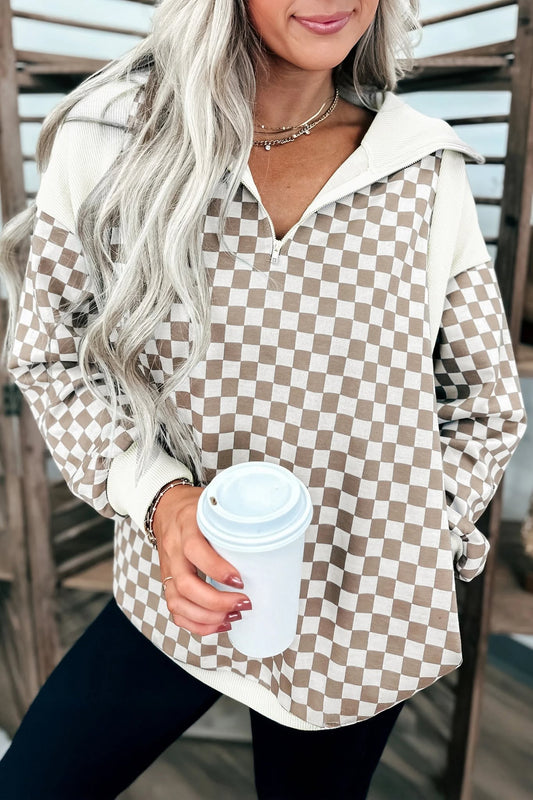 Khaki Checkered Ribbed Loose Sweatshirt