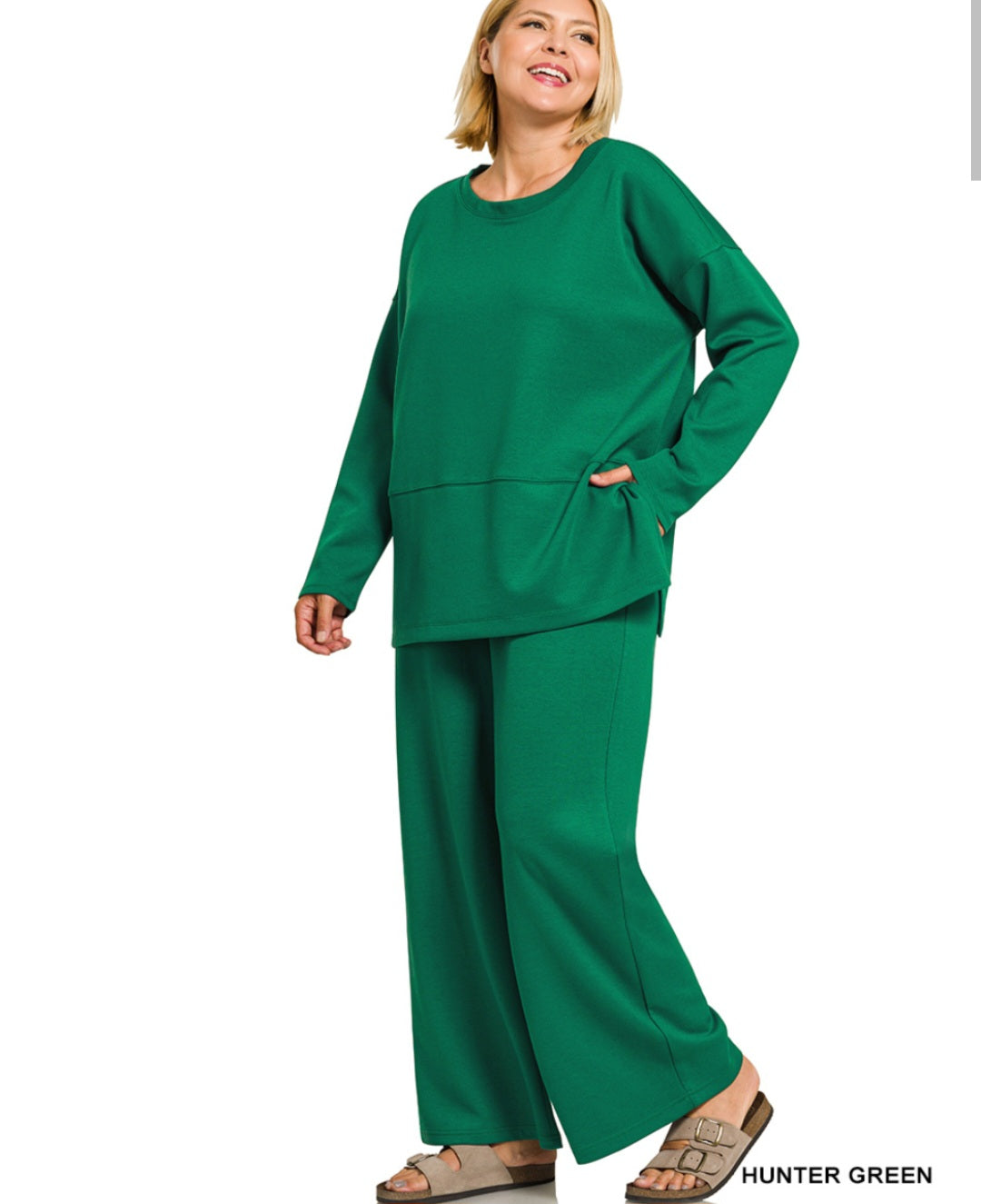 Zenana Plus Size Scuba Side Slit Top and Pants Set
