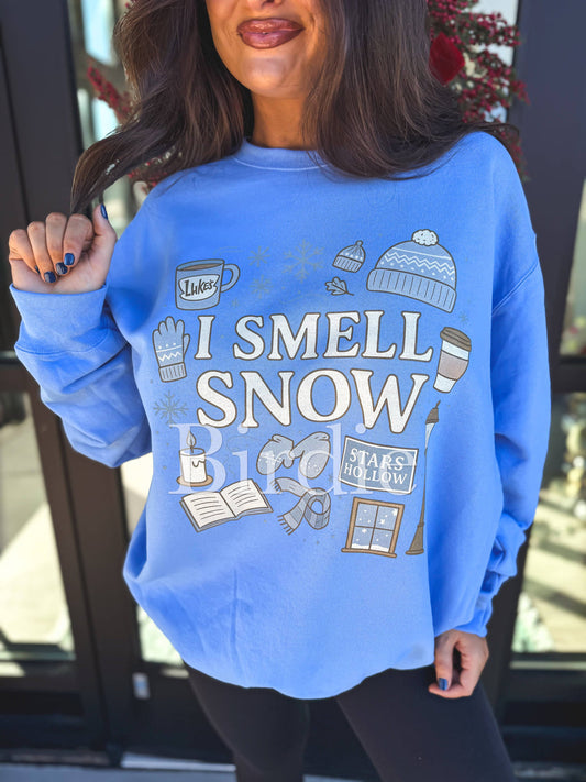 Bird & Co I Smell Snow Graphic Crewneck on Carolina Blue
