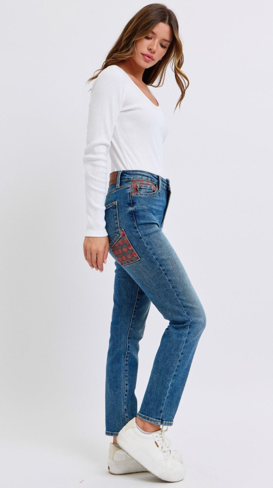 Judy Blue Plaid Patch Slim