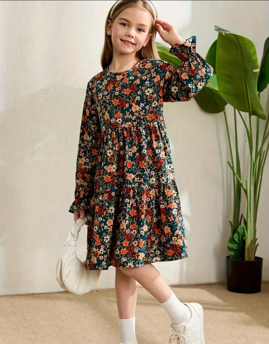 Floral Print Ruffle Sleeve Dress for Girls