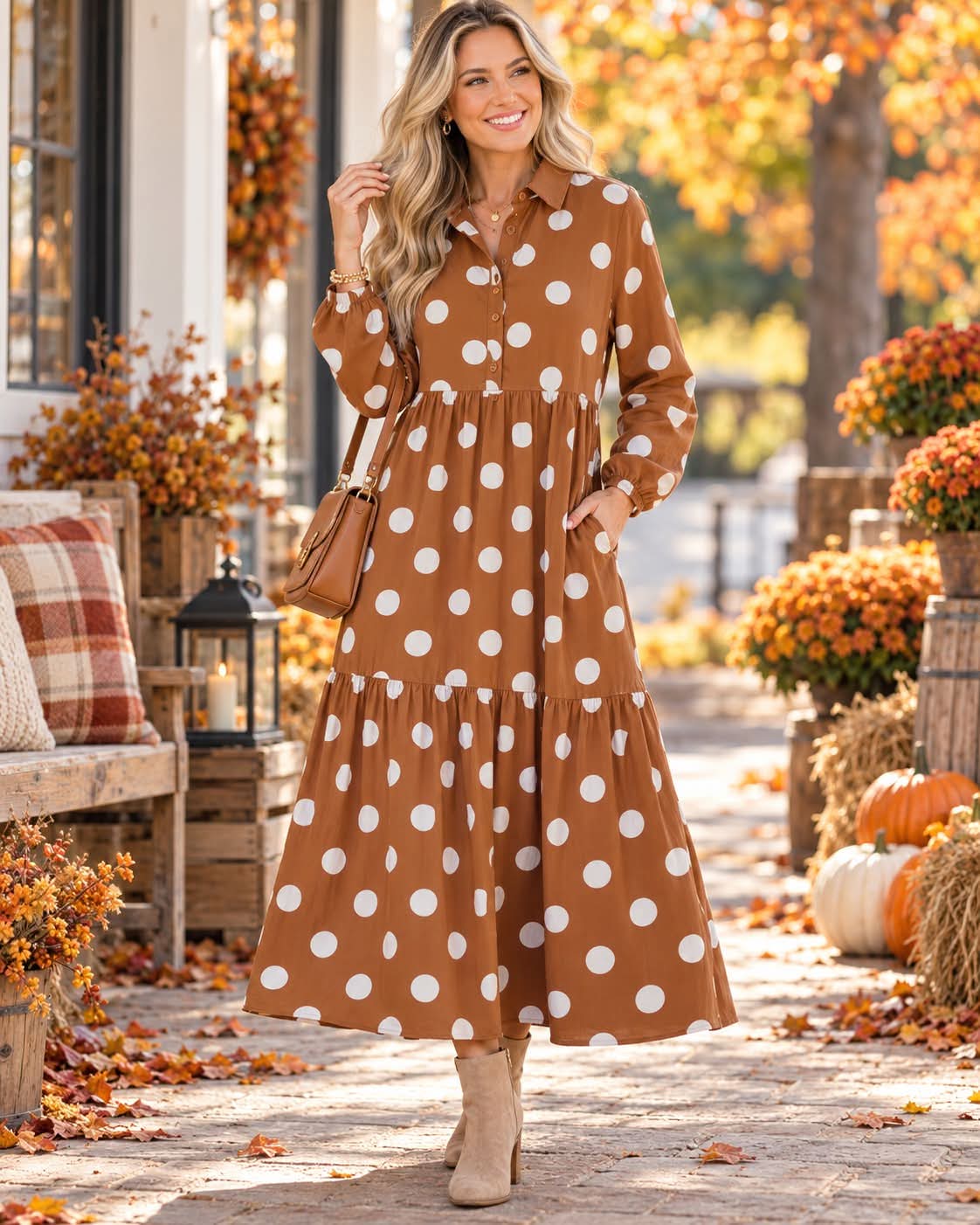Brown Polka Dot Shift Dress with Pockets