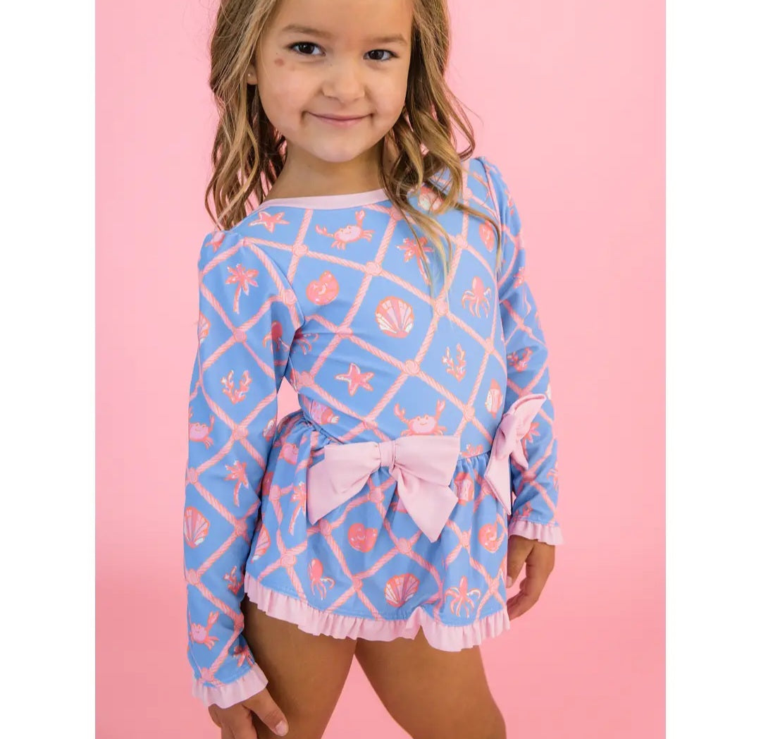 Girls Tropical Trellis Long Sleeve One  Piece Bow Peplum Rash Guard Swimsuit