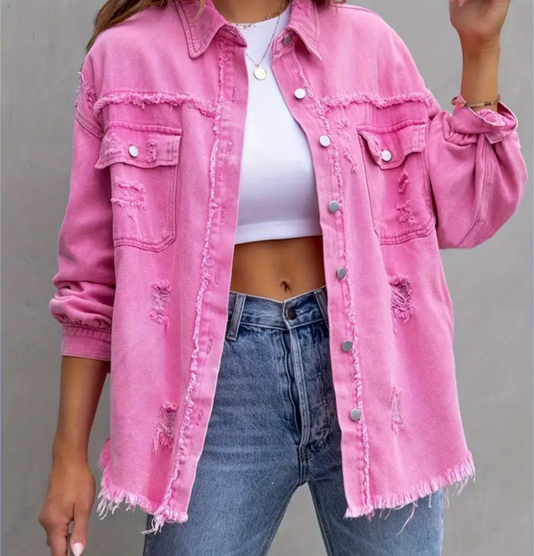 Ripped Fringe Casual Shacket with Pocket