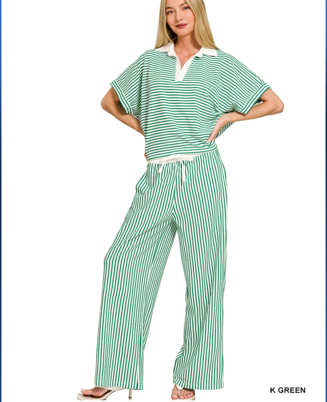 Zenana Striped split neck collared top & pants set