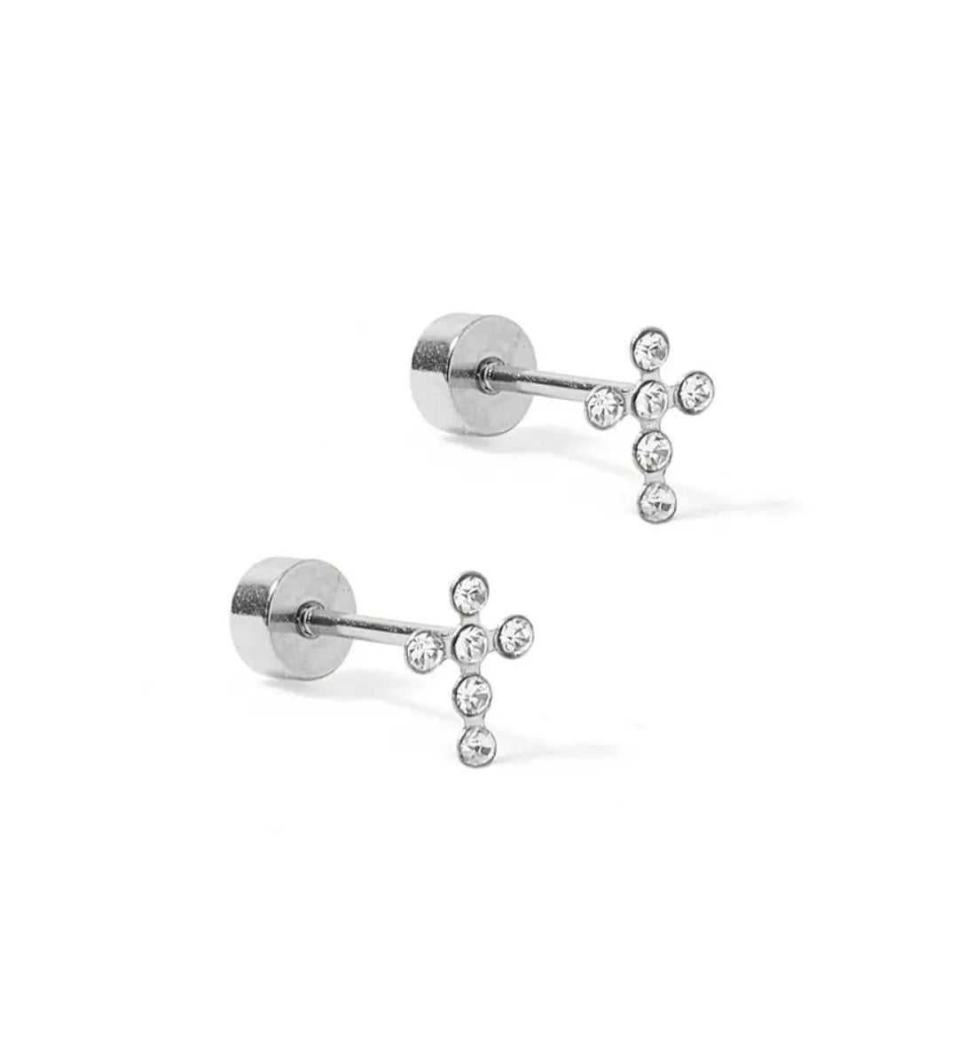 Screwback Stud Earrings- Cross Silver