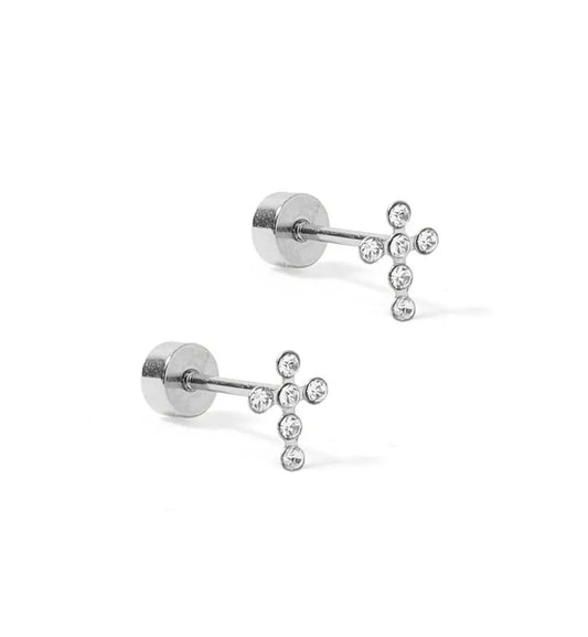 Screwback Stud Earrings- Cross Silver