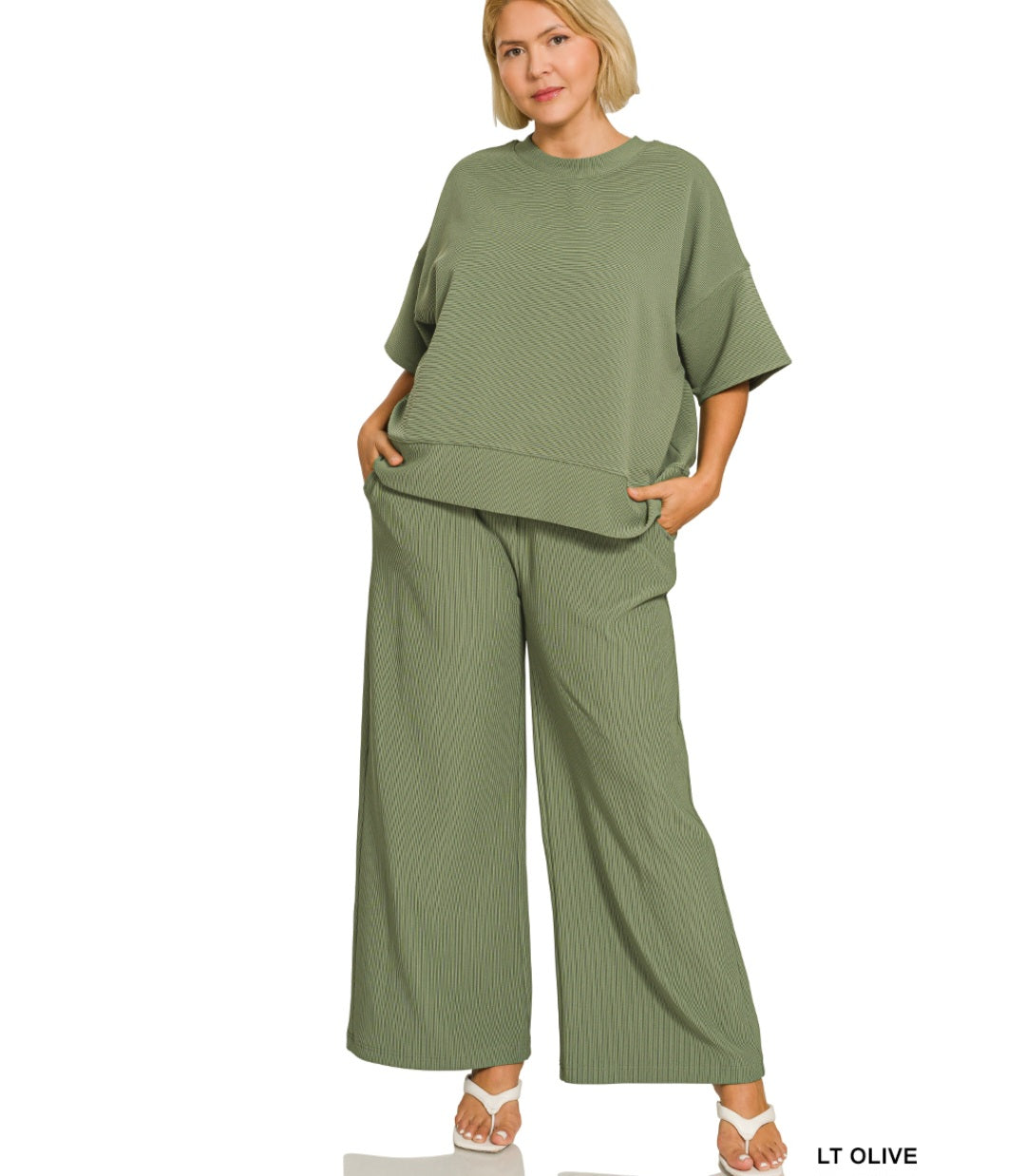 Zenana Plus ribbed round neck tee & pants set